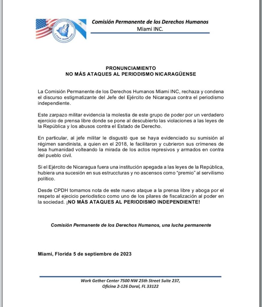 La Comisión Permanente de los Derechos Humanos Miami INC, condena y rechaza las declaraciones del  Ejército de Nicaragua